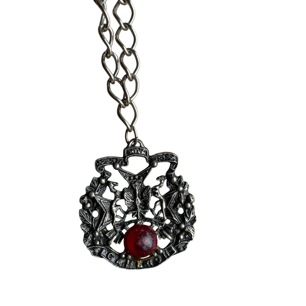 Vintage Heraldic Crest Pendant Necklace Red Cabochon Stone Pewter Tone Medieval